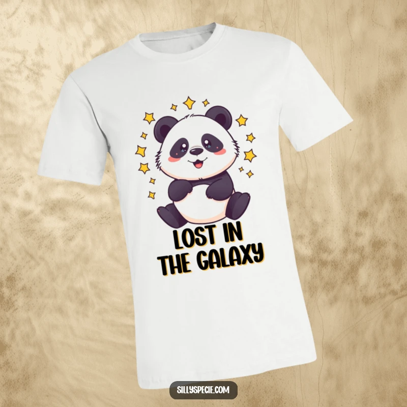 Funny T-Shirt displaying a dizzy panda mid-spin with circling stars, capturing a moment of playful disorientation.