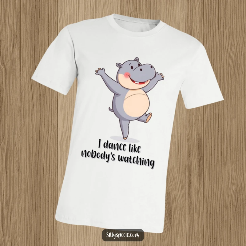Funny T-Shirt depicting a happy hippopotamus mid-pirouette, showing determination and a touch of adorable awkwardness in its ballet attempt.
