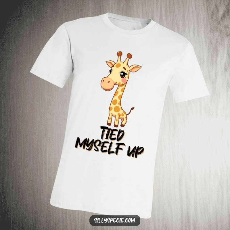 Funny T-Shirt: A giggling giraffe comically bending its super long neck into a pretzel-like knot, expressing pure amusement.