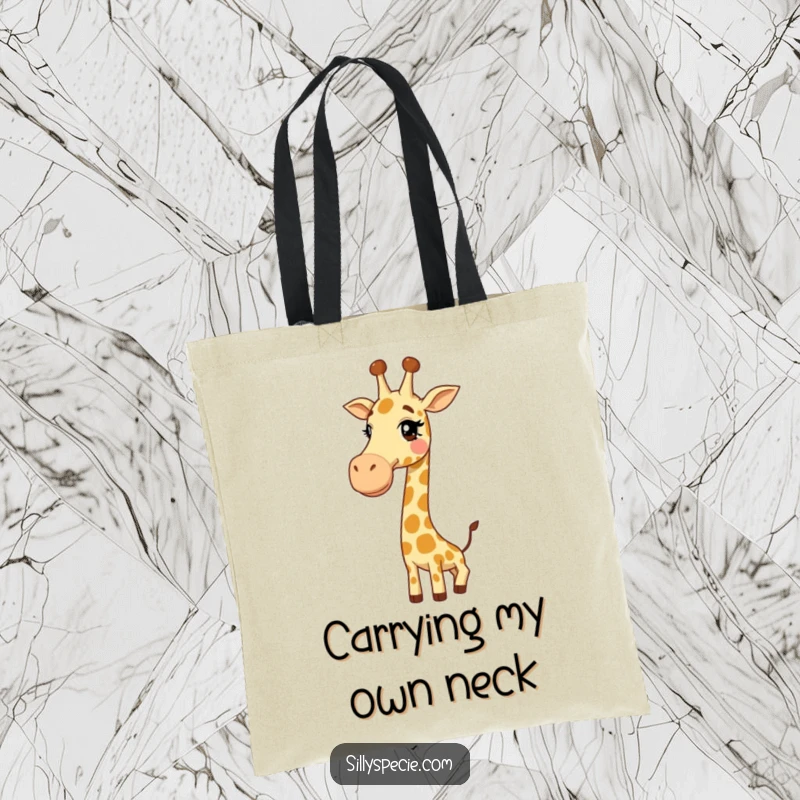 Funny Tote Bag: A laughing giraffe with its long neck tied into a ridiculous knot, ready to carry your funny finds.