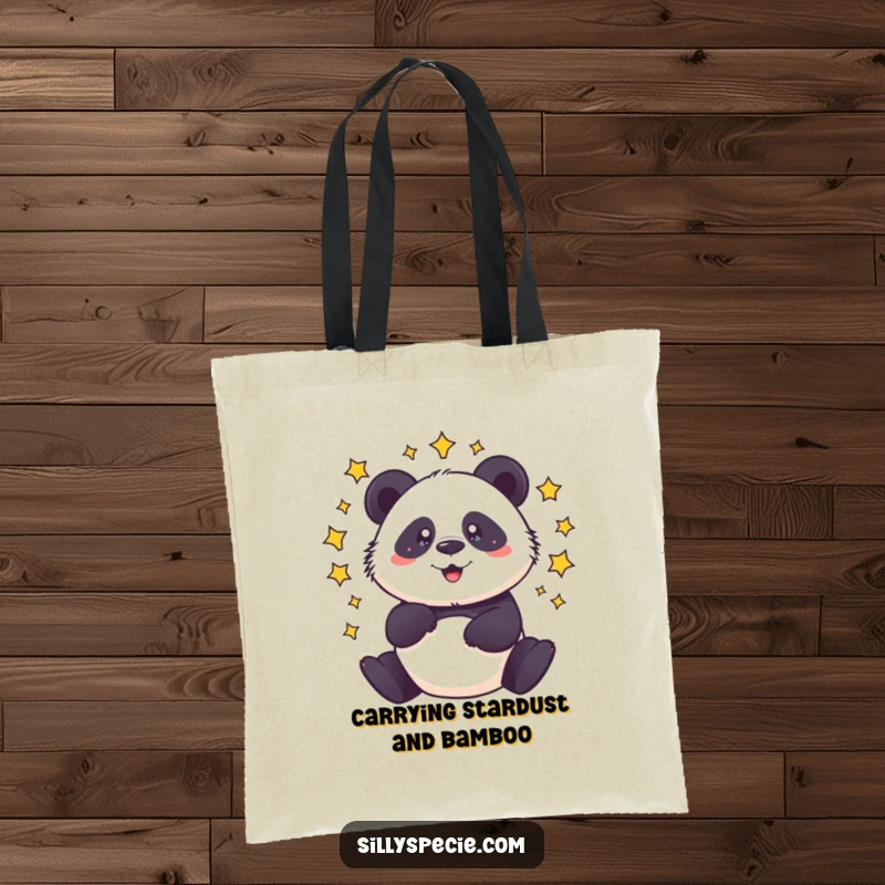 Funny Tote Bag showcasing a dizzy panda spinning with stars circling its head, perfect for carrying daily items.