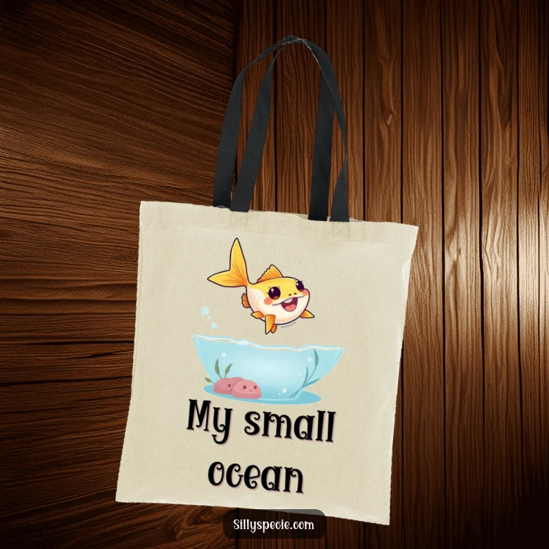 Funny Tote Bag featuring a goofy goldfish leaping high out of water in a silly arc, a charming accessory.
