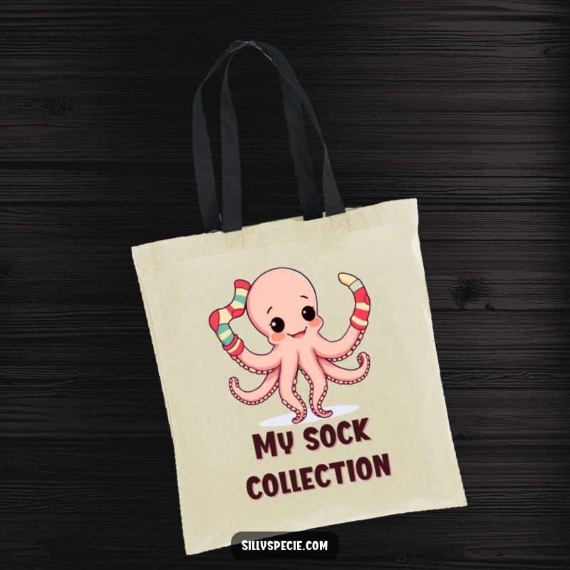 Funny Tote Bag featuring a playful octopus with many tentacles, comically juggling numerous mismatched socks, great for shopping.